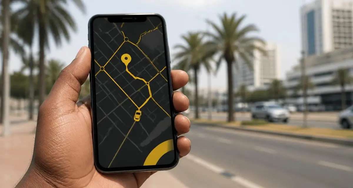 Mão a segurar um telemóvel com um mapa de viagem aberto numa avenida de Maputo