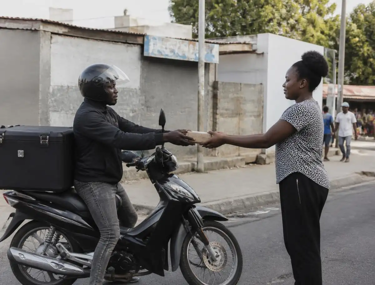 Mozambican courier delivering a Tsemba Delivery parcel in Matola
