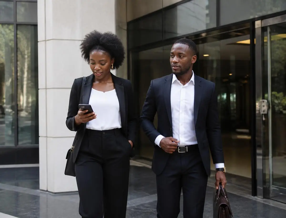 Mozambican professionals leaving an office building in Maputo