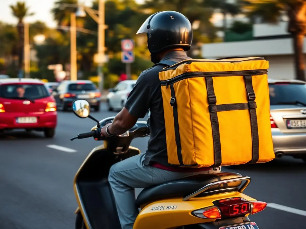 Estafeta Tsemba Food de scooter no trânsito da cidade