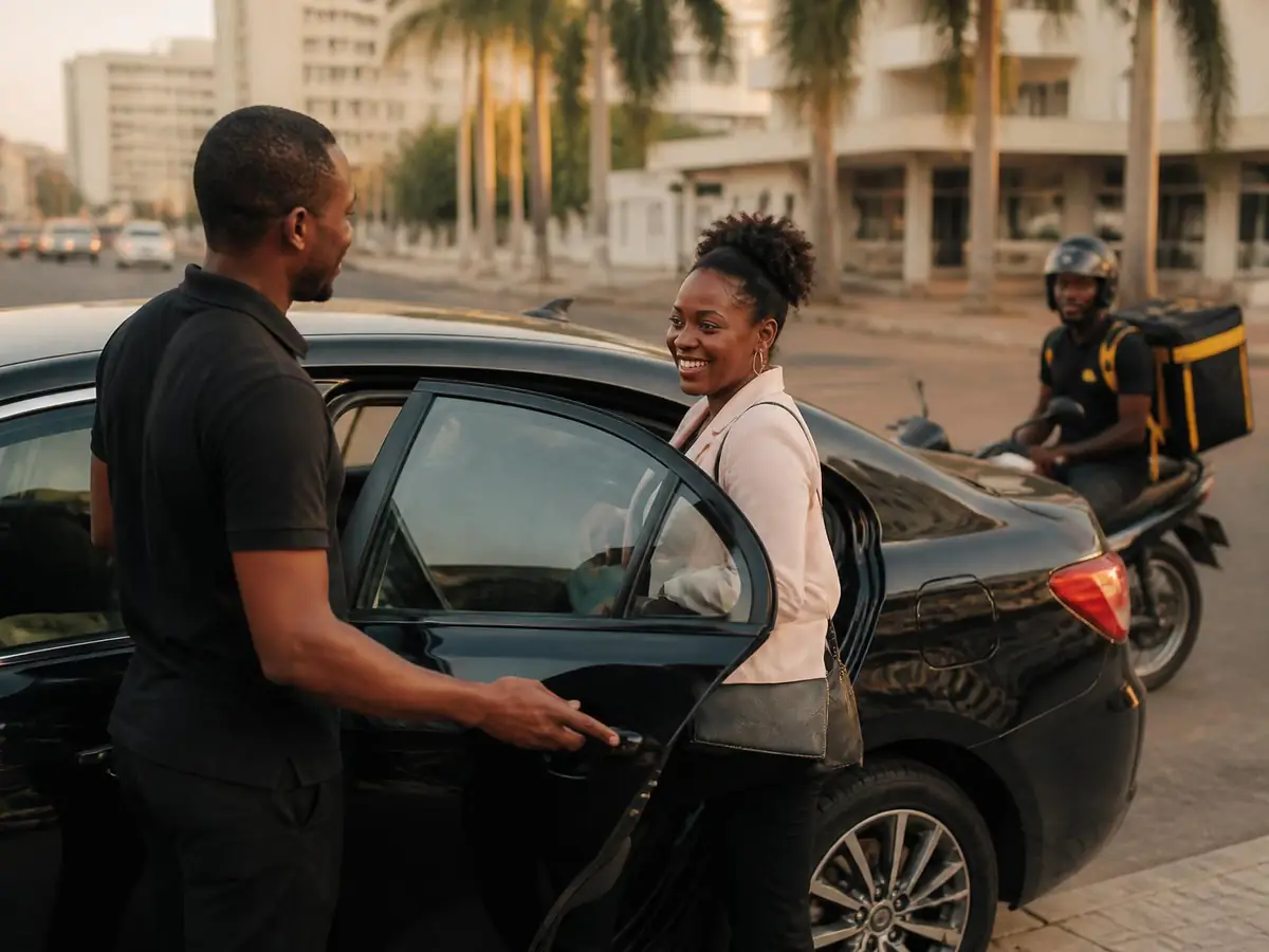 Mozambican passenger getting into a Tsemba car in Maputo, with a driver and a motorbike courier nearby