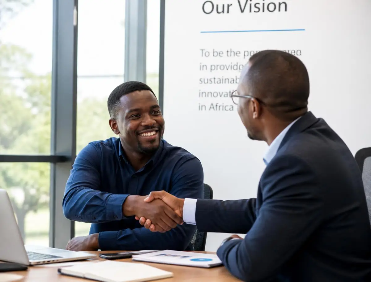 Two African business partners closing a partnership agreement in a modern office