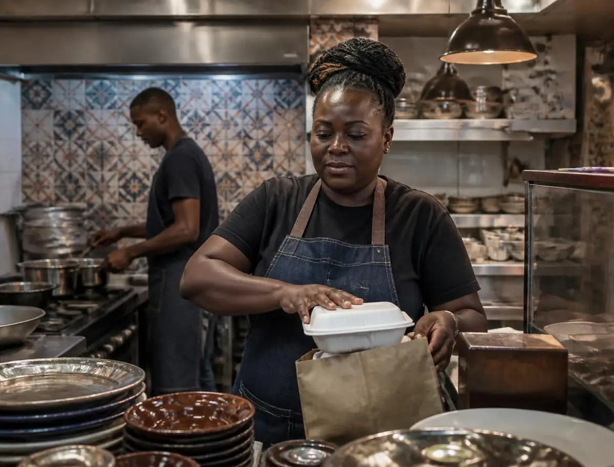 Mozambican restaurant owner packing an order for delivery